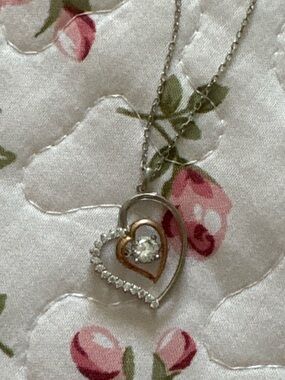 Heart Pendant Necklace with Clear Crystal Accent - Silver and Gold Tone